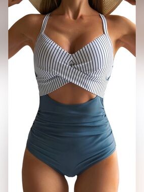 Eomenie Women's One Piece Swimsuits Medium white and blue